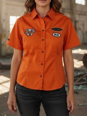 Harley Davidson Orange Women’s Short Sleeve Button Up Shirt with Logos Size M/L
